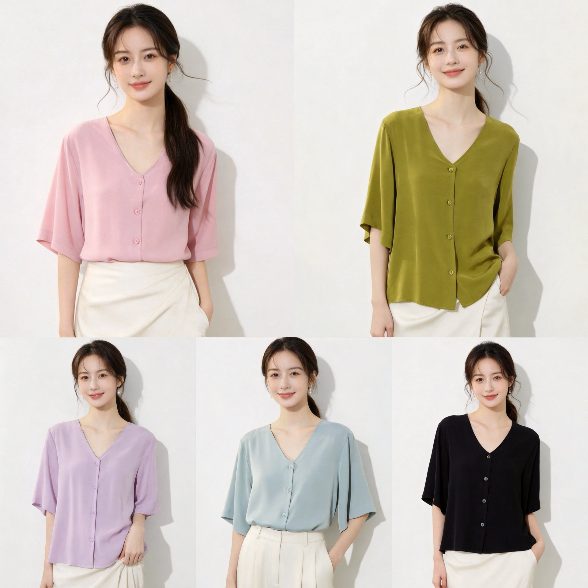 缯喜真丝V领短袖通勤显瘦衬衫女图片