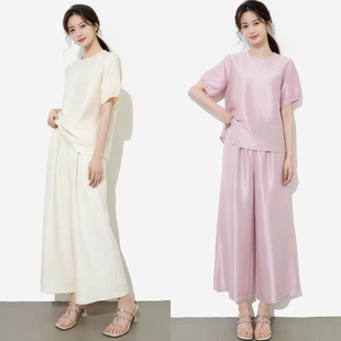 极简风真丝两件套女夏松弛感桑蚕丝短袖上衣九分裤纯色套装小个子