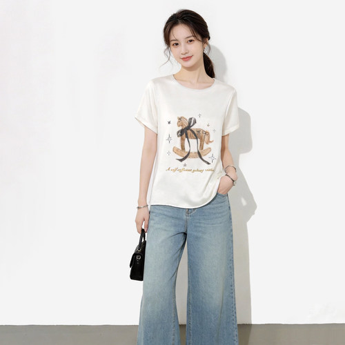 夏季桑蚕丝印花圆领短袖T恤女