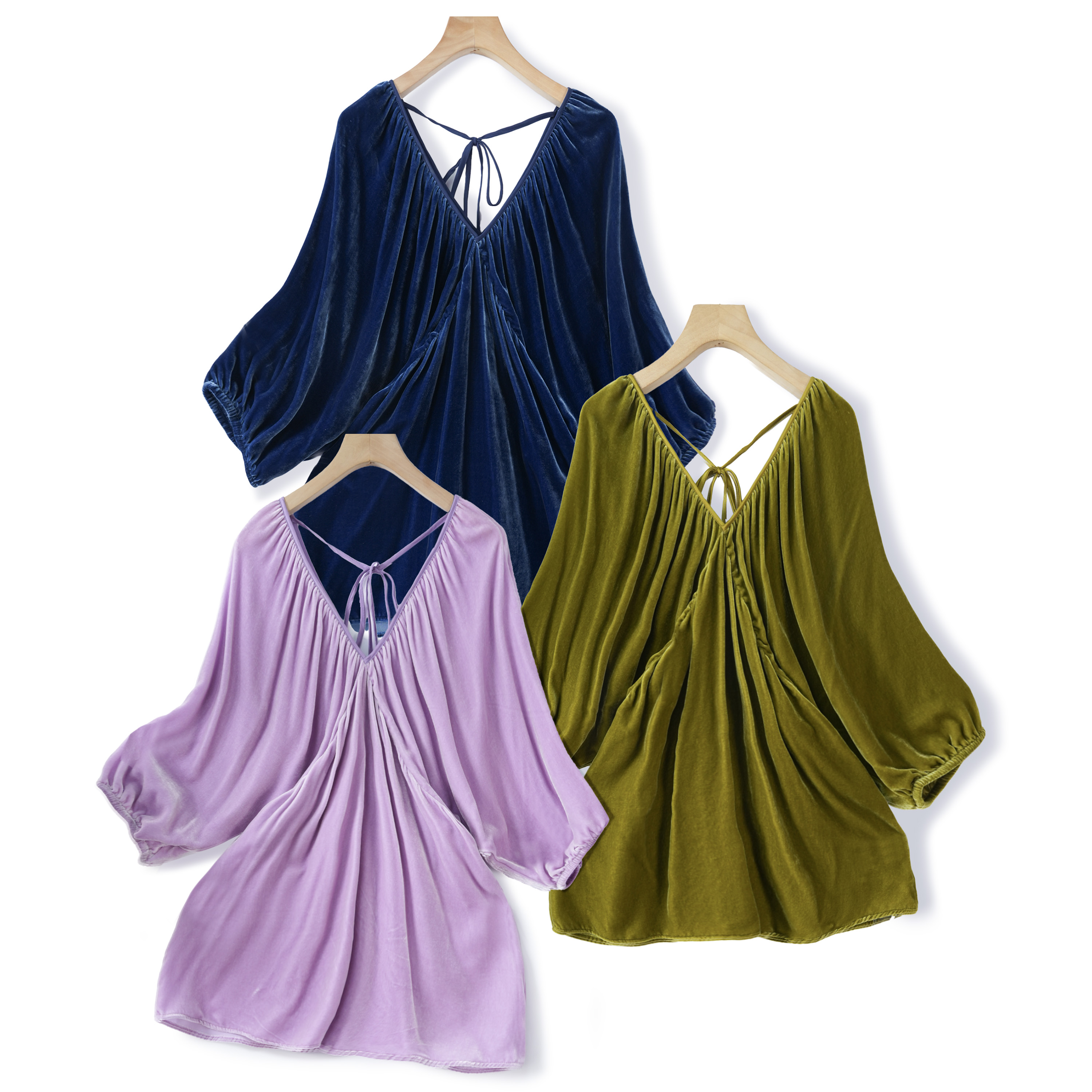 七分袖丝绒衬衫系带原创宽松套头