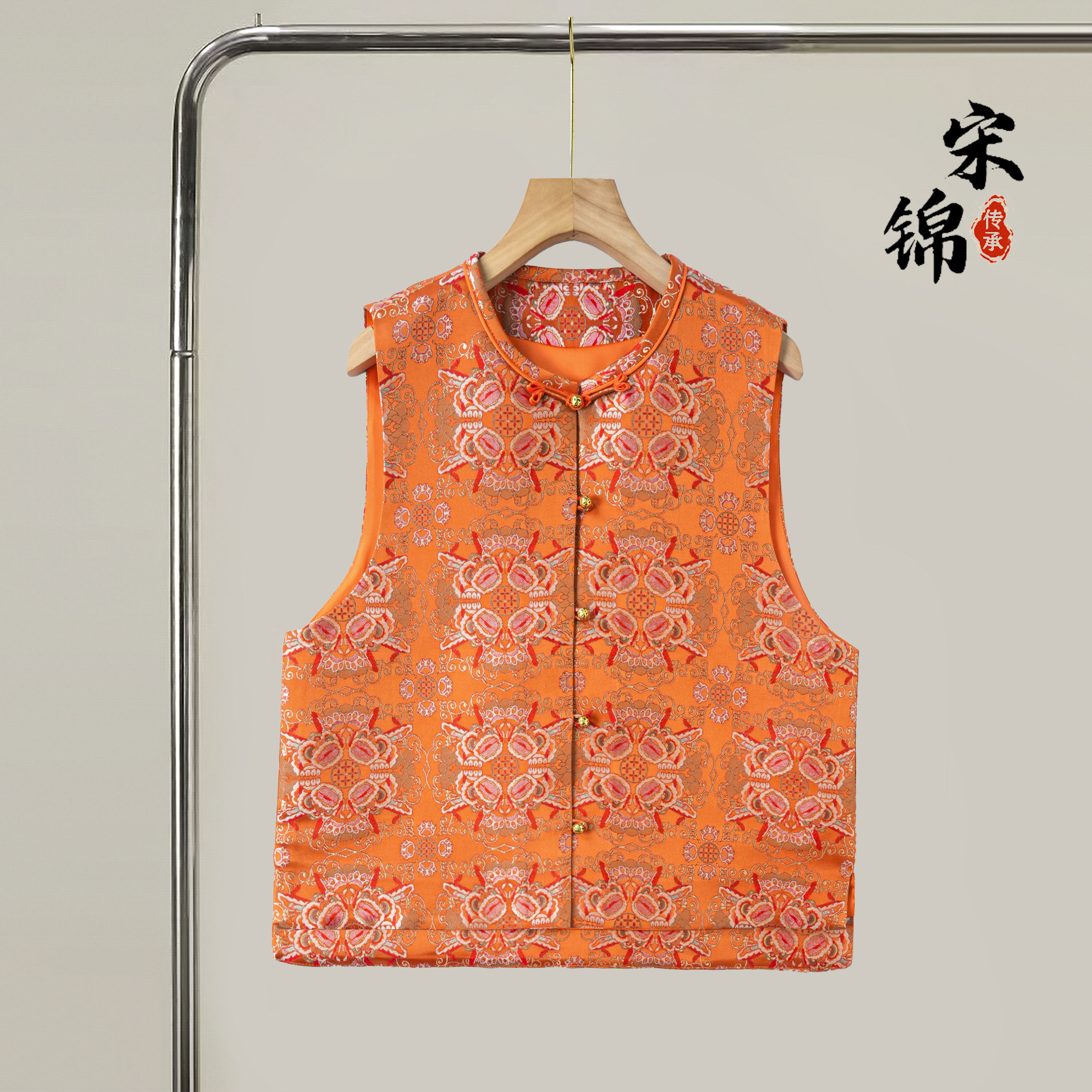 双狮戏球织金宋锦桑蚕丝新中式对襟马甲外套真丝国风上衣开衫女春