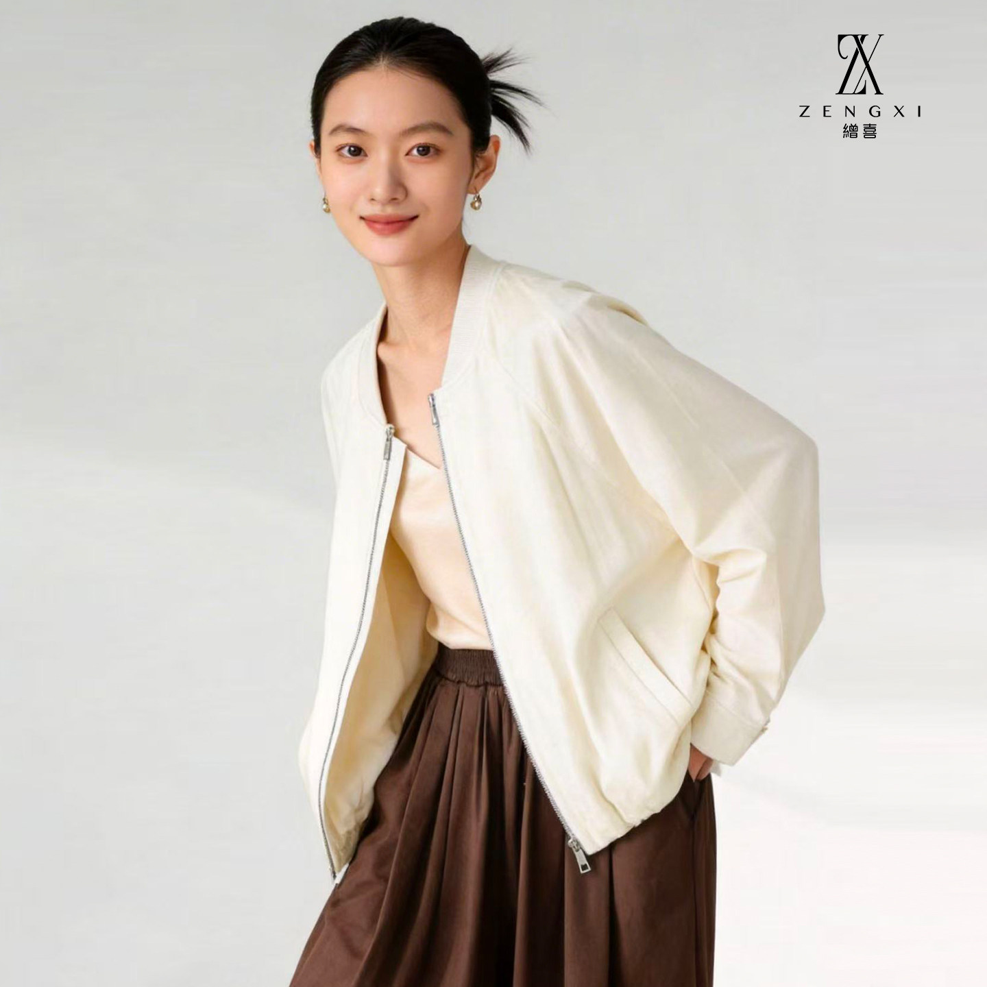 真丝棒球服花苞摆宽松"云朵"外套女桑蚕丝小个子设计感夹克上衣春