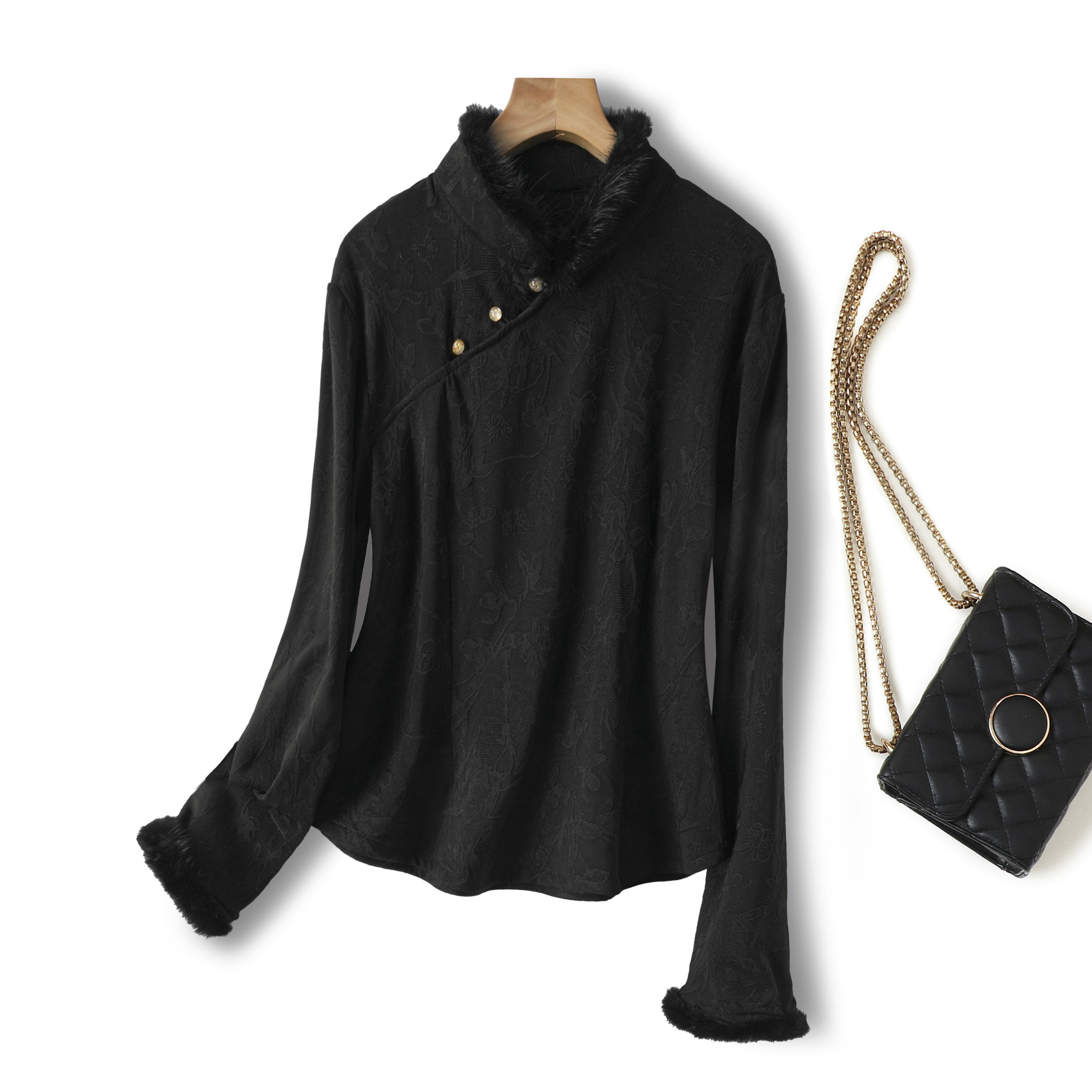 水貂毛新中式国风针织弹力内搭秋冬长袖加绒保暖斜襟打底小衫上衣