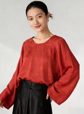 年轻款新中式真丝上衣女长袖极简圆领气质套头衬衫红色桑蚕丝小衫