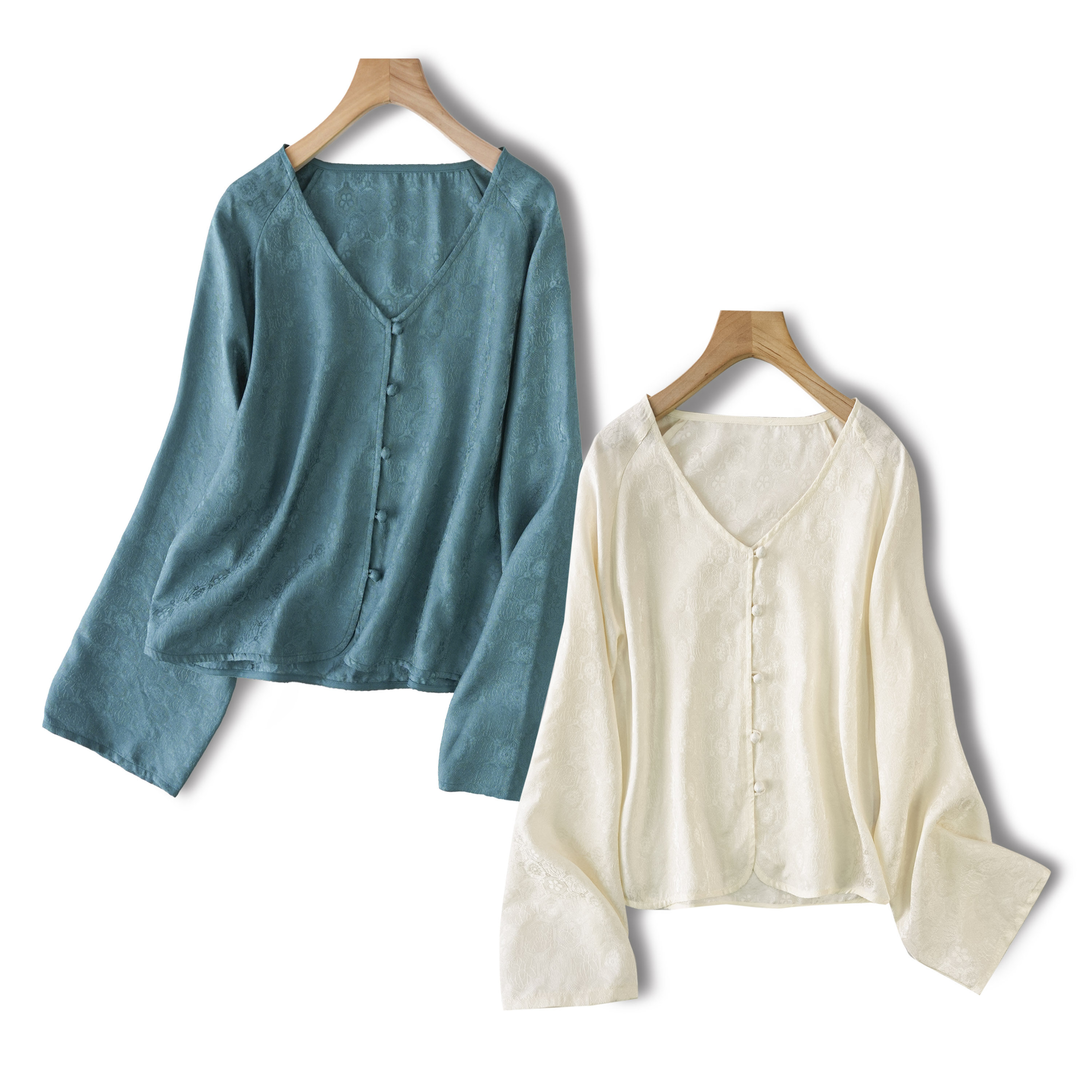 新中式对襟新款上衣桑蚕丝国风衬衫2026真丝提花花罗长袖小衫女夏