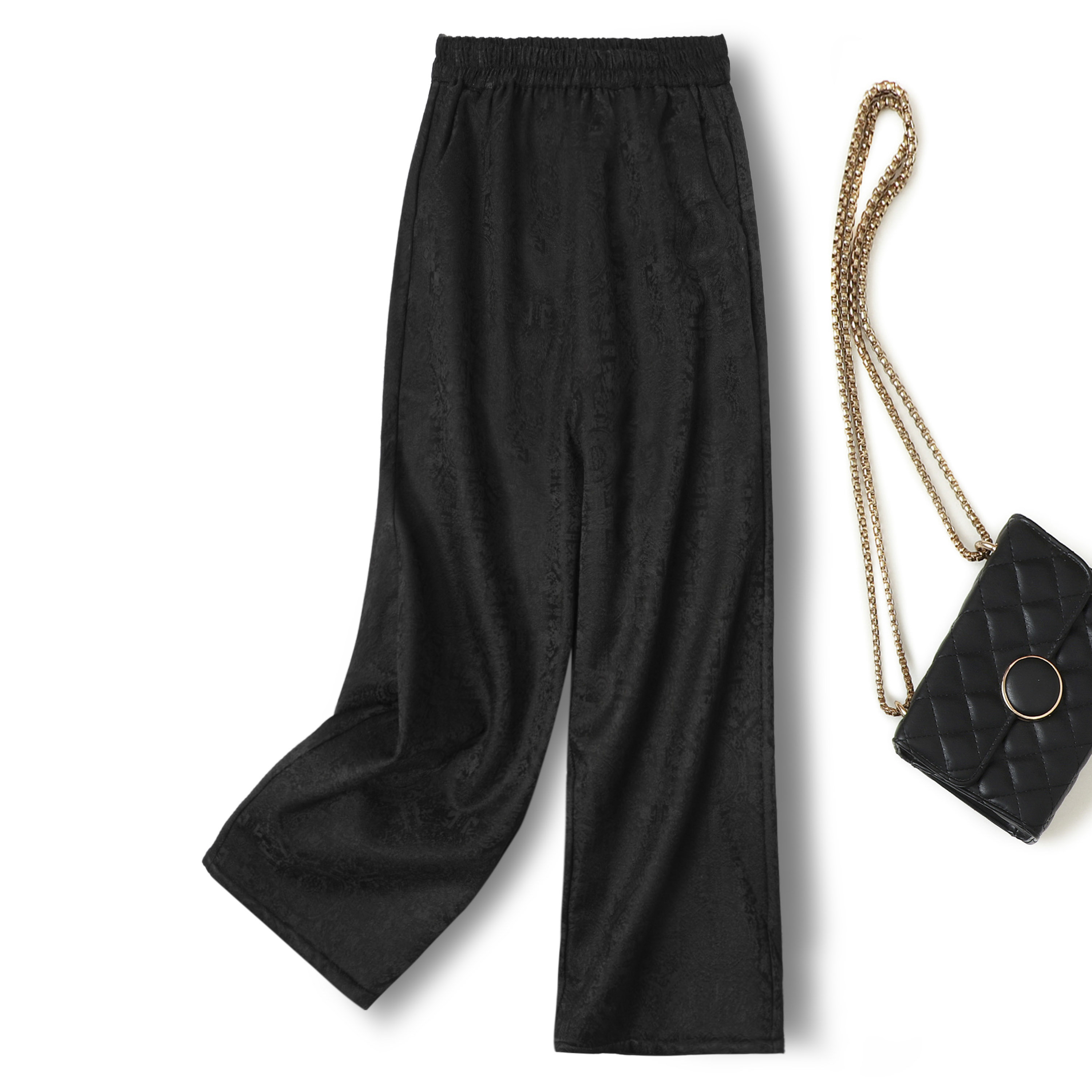 桑蚕丝羊毛休闲裤女秋冬加绒松紧腰显瘦垂感直筒阔腿裤八达运提花