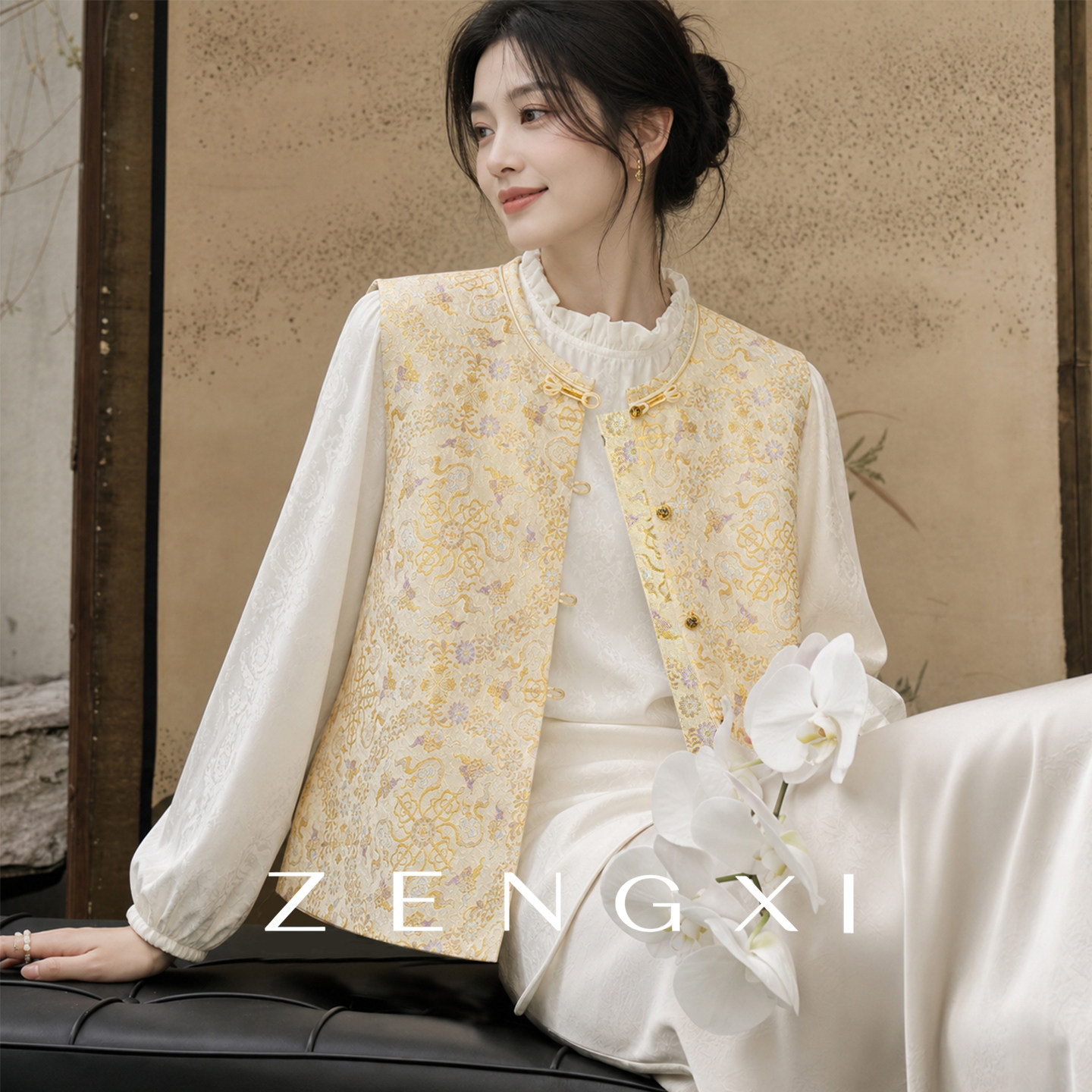 妙华莲杵非遗宋锦桑蚕丝新中式对襟马甲外套真丝国风上衣开衫女春图片