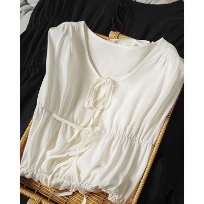 2025春秋款浪漫度假风松紧褶皱系带上衣女时尚纯色桑蚕丝双绉打底