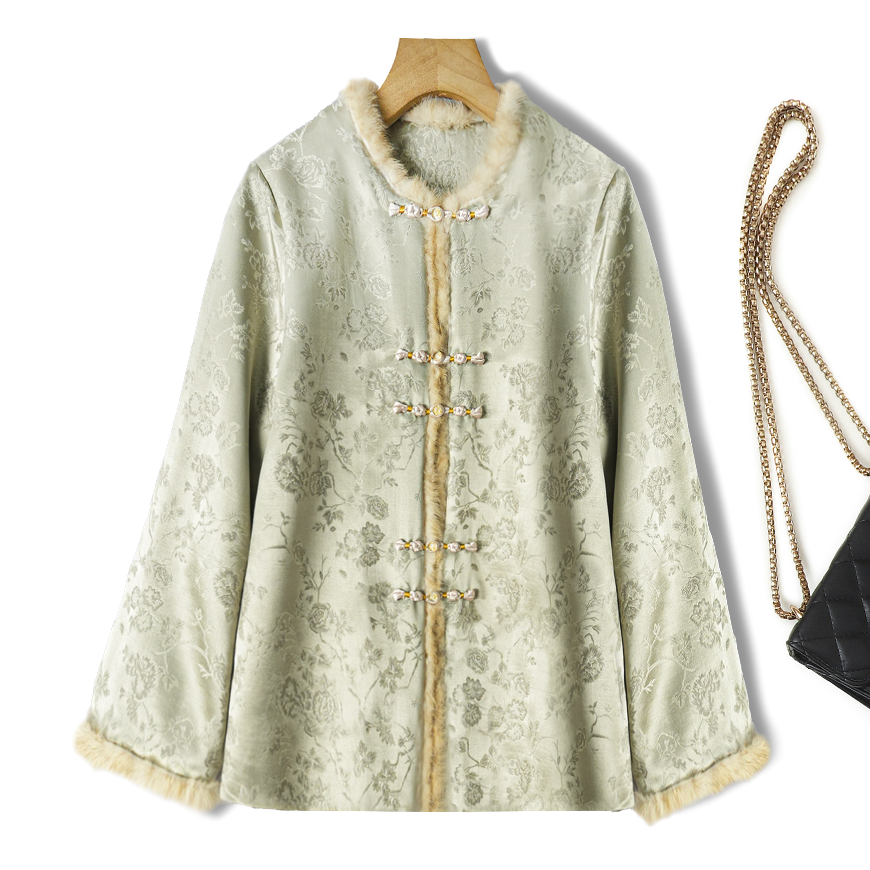 绿芙蓉新中式桑蚕丝羊毛棉服外套女冬季高级感气质水貂毛国风上衣