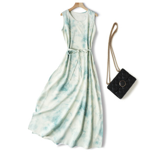 桑蚕丝重磅建宏绉青绿宽松无袖连衣裙女真丝开叉背心裙中长款夏女