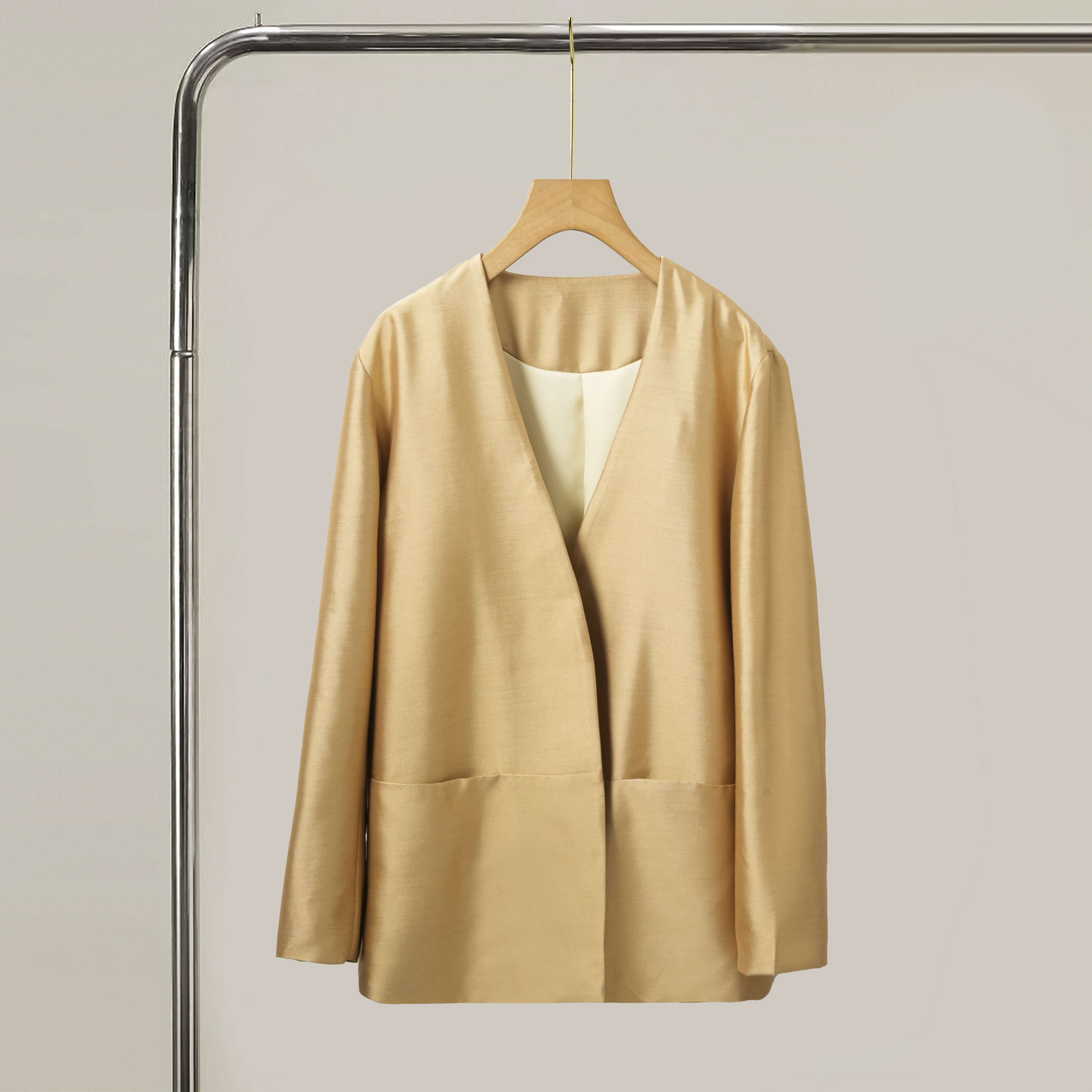 法式真丝羊毛V领极简风上衣香槟色精致高级通勤气质矜贵中长外套