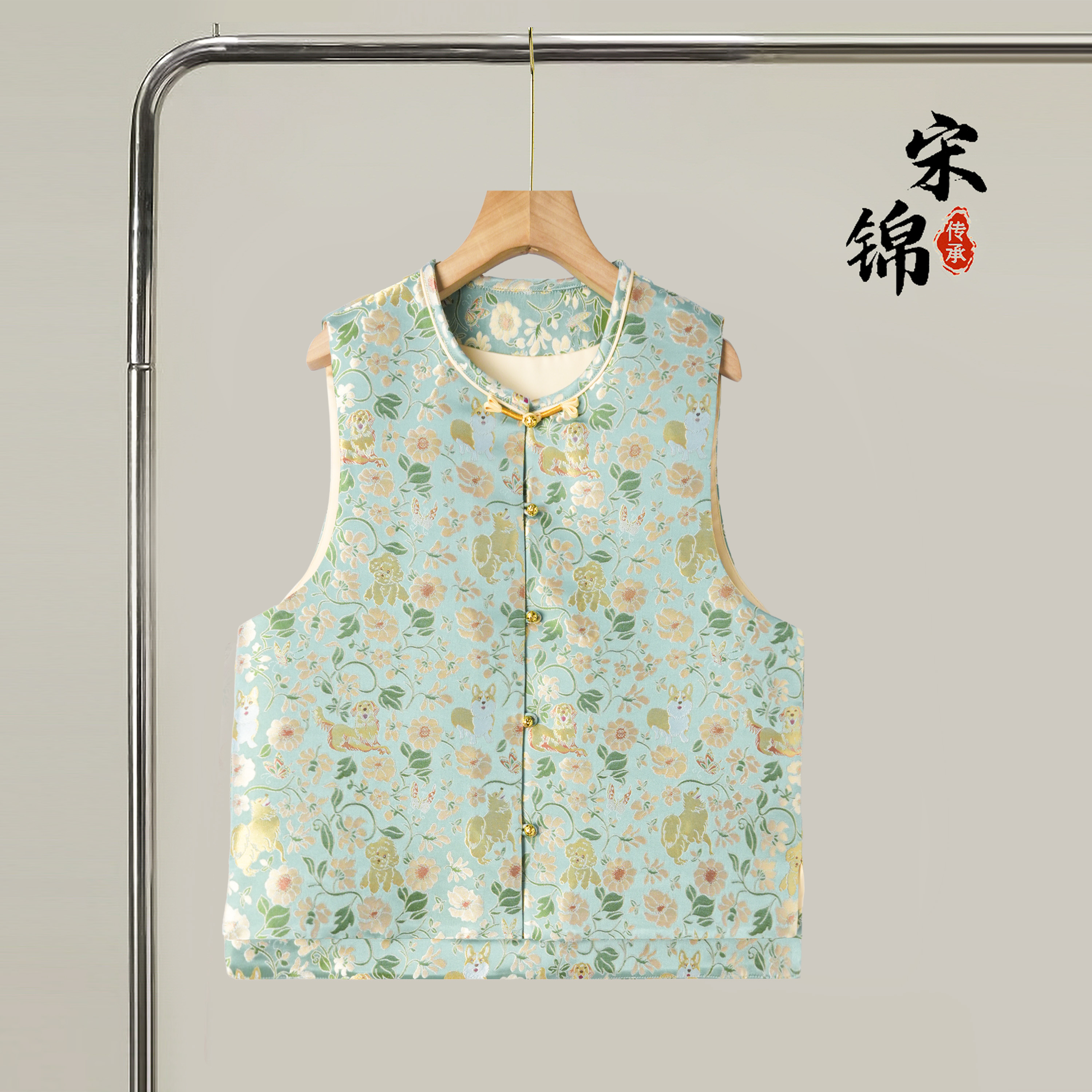 绿色春日暖阳宋锦桑蚕丝新中式对襟马甲外套真丝国风上衣开衫外搭