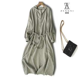 裙 真丝衬衫 纯色文艺风翻领真丝连衣裙女2026春季 收腰显瘦中长款