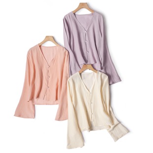 桑蚕丝夏日开衫!空气感真丝泡泡绉V领微喇长袖衬衫纯色空调衫女