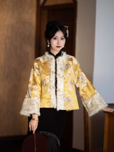 新中式 保暖棉服繁莳一庭香新品 中国风秋冬唐装 女上衣仿貂毛 倒大袖