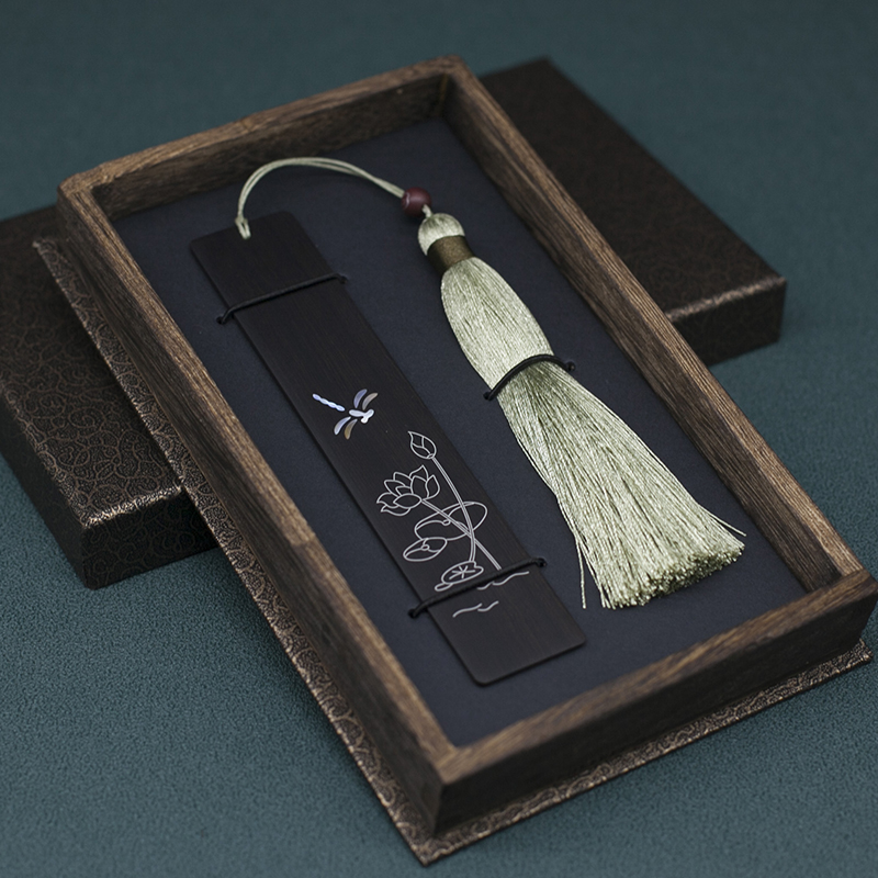 古典中国民族风书签 私人订制刻字银丝 红木黑檀蜻蜓荷花古典图案