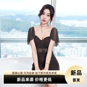 新款时尚夜店气质连衣裙修身显瘦辣妹一字肩荷叶袖包臀裙性感短裙