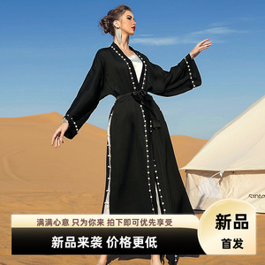 黑色复古钉珠长款外搭送腰带 女士阿拉伯连衣裙