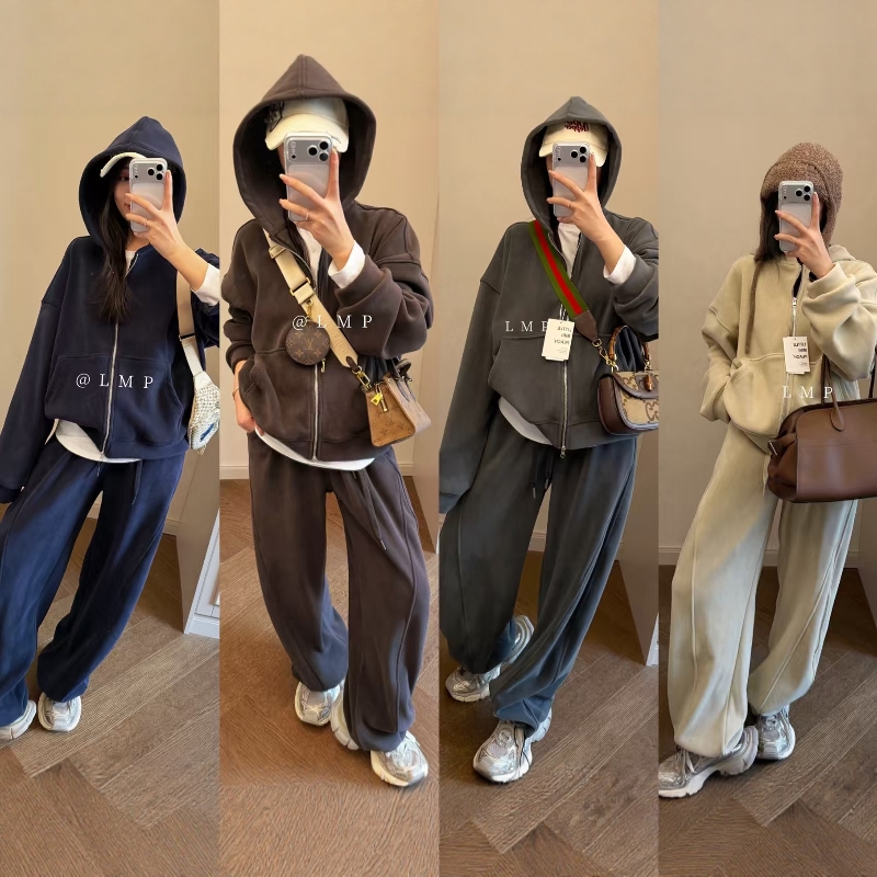 LMP松弛感380g奥利绒秋冬女加绒加厚连帽外套休闲长裤套装两件套