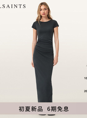 ALLSAINTS女士T恤连衣裙KATARINA碳蓝色百搭捏褶圆领裙2026夏新款