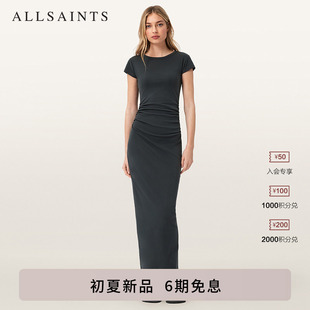 ALLSAINTS女士T恤连衣裙KATARINA碳蓝色百搭捏褶圆领裙2026夏新款
