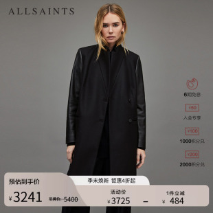 ALLSAINTS女士黑色毛呢外套羊毛混纺皮革长袖 大衣WO123X 秋季