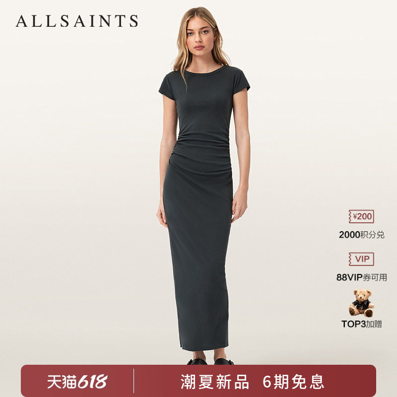 ALLSAINTS女士T恤连衣裙KATARINA碳蓝色百搭捏褶圆领裙2026夏新款