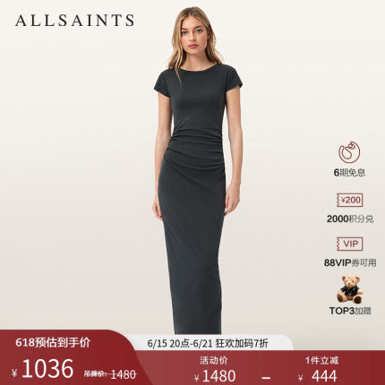 ALLSAINTS女士T恤连衣裙KATARINA碳蓝色百搭捏褶圆领裙2026夏新款