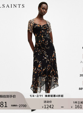 ALLSAINTS女士碎花连衣裙短袖收腰轻盈纱裙秋季女装W300DB
