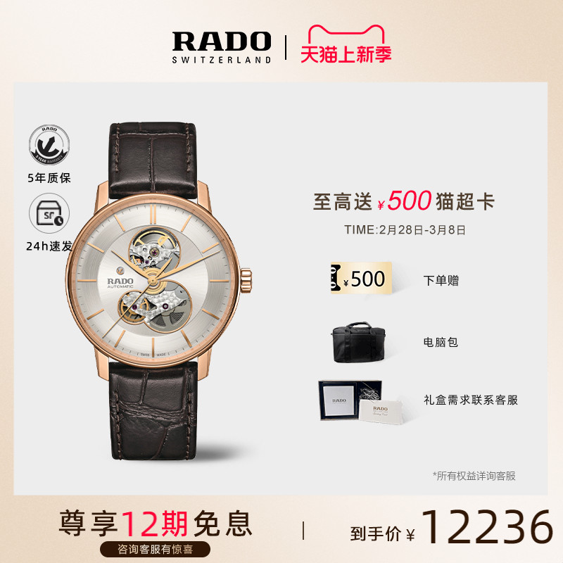 Rado瑞士雷达表晶璨系列开芯镂空手表男皮表带自动机械腕表