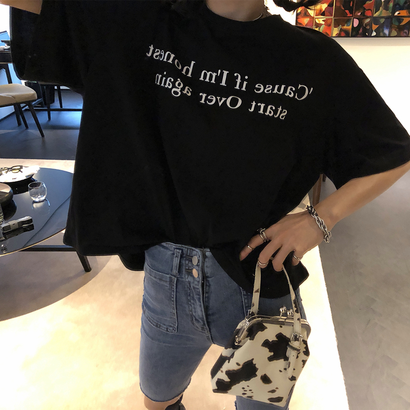 OPEN UP2019新款夏装港风宽松上衣女黑色字母印花显瘦ins短袖t恤