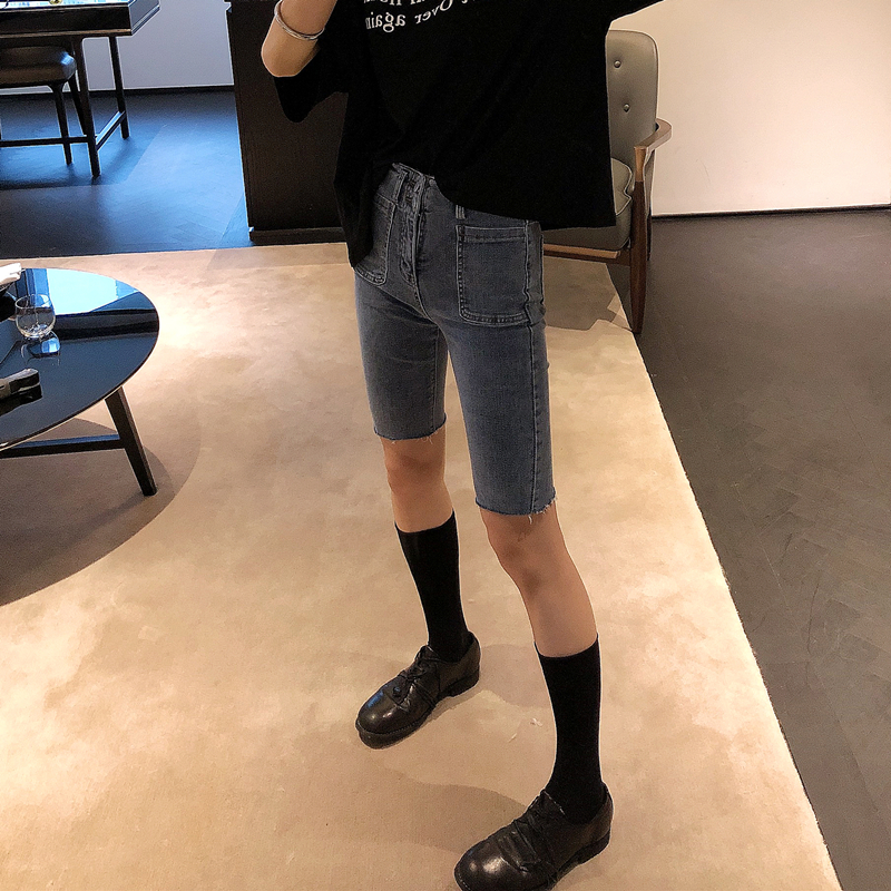 OPEN UP高腰牛仔短裤女2019新款夏季港风直筒紧身弹力显瘦五分裤