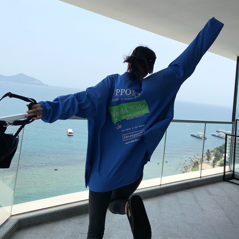 OPEN UP2019春夏新款oversize背后字母印花中长款毛边宽松T恤上衣