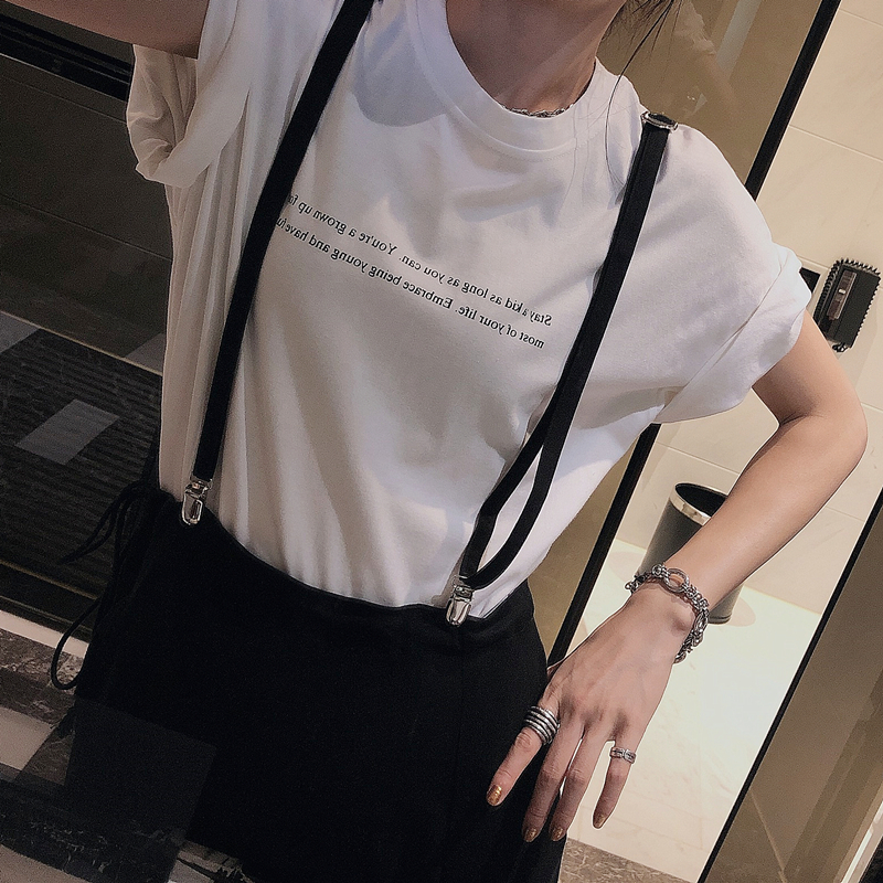 OPEN UP2019新款夏季港风复古短袖t恤女宽松百搭字母印花半袖上衣