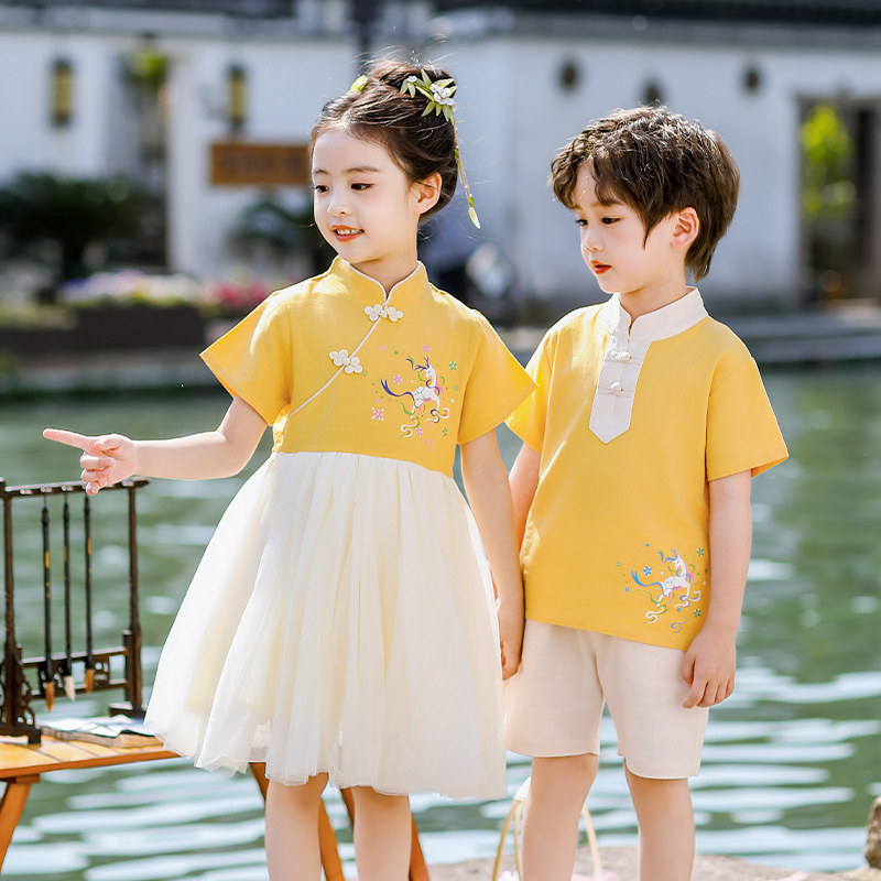 儿童中国风演出服2025新款男女生夏季短袖古风班服学生民族校服夏