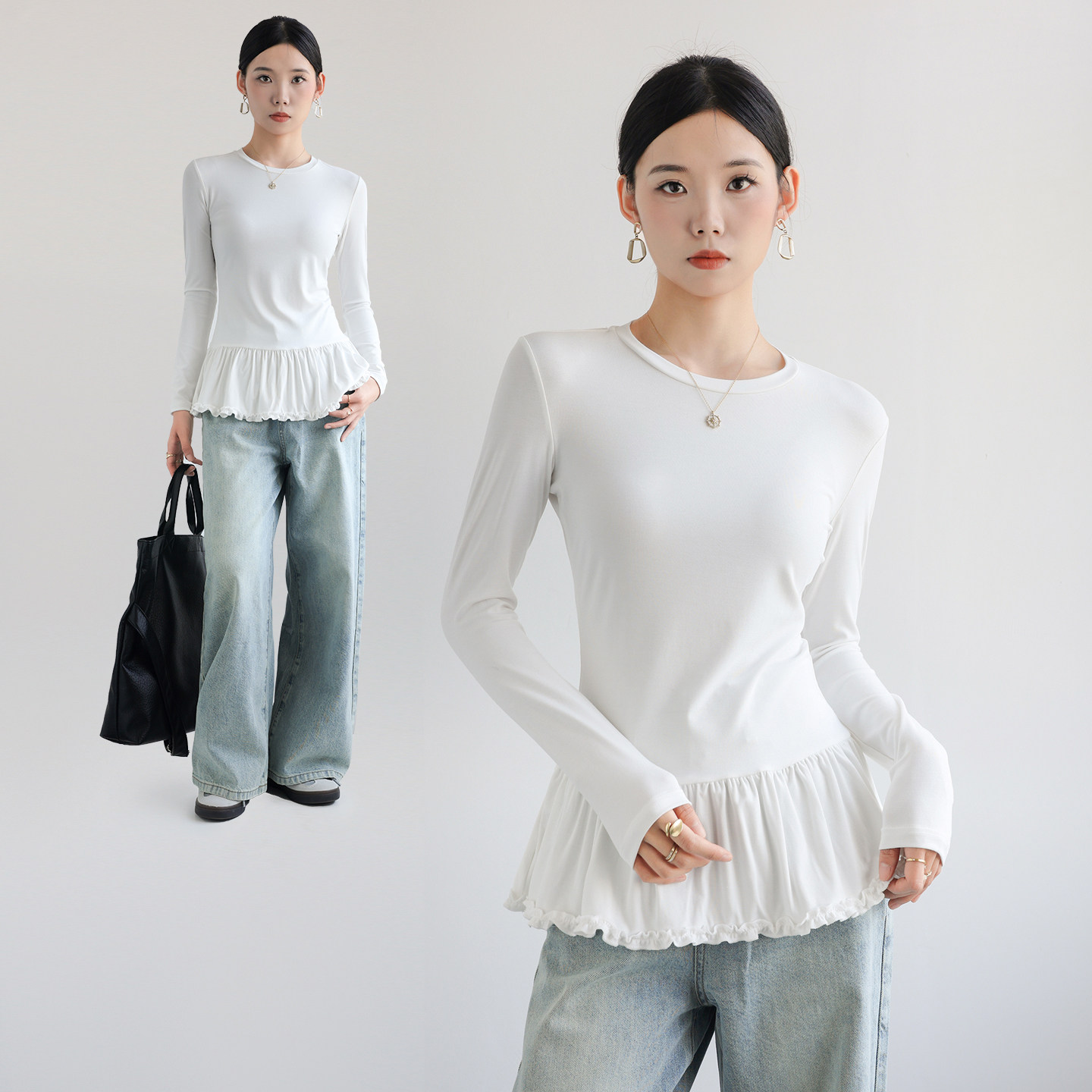 中长款白色长袖t恤女花边下摆内搭打底衫叠穿荷叶边拼接裙摆上衣