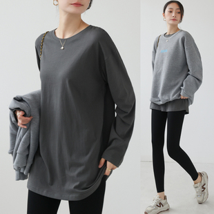 2026新款春秋深灰色中长款卫衣内搭打底衫长袖t恤女宽松初秋上衣
