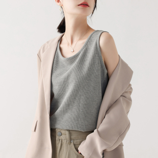 宽肩带宽松上衣 吊带外穿无袖 西装 内搭宽肩带背心女华夫格打底衫