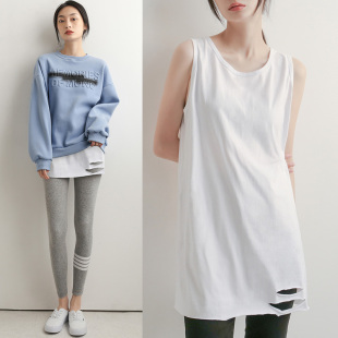 女洋气叠穿神器下摆 打底衫 破洞打底背心女卫衣内搭中长款 白色无袖