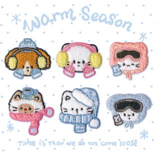 暖冬毛绒猫咪小狗刺绣贴自粘贴diy手机壳手账本书包装 饰布贴补丁