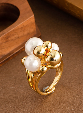 新款法式复古轻奢锆石珍珠花朵戒指女小众设计高级感百搭指环首饰