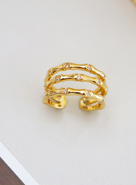 新款复古时尚金色竹节戒指女小众设计感高级轻奢开口指环简约首饰