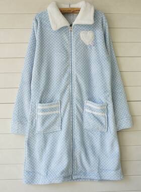 珊瑚绒家居服翻领格子拉链秋冬