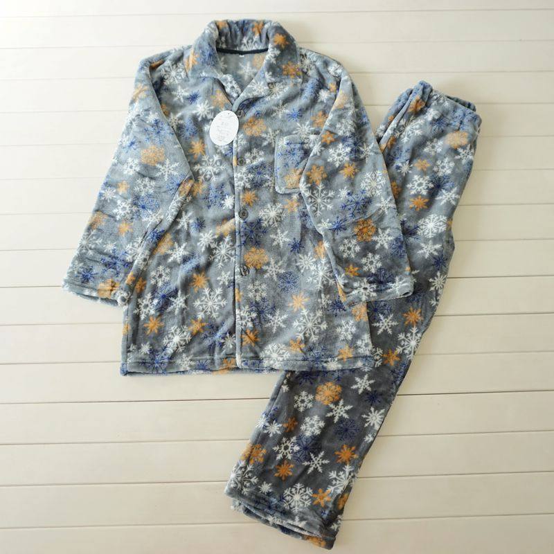 特外贸男秋冬款珊瑚绒长袖睡衣套装前扣柔软舒服休闲家居服睡衣