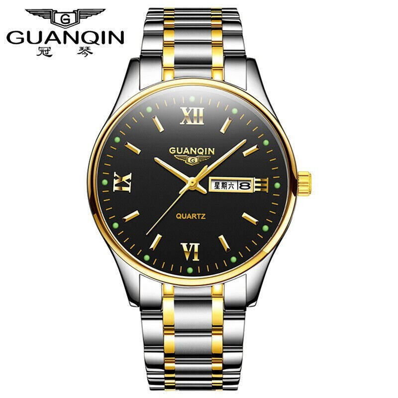 冠琴GUANQIN名牌手表男士防水夜光双日历男表时尚潮流钢带瑞士品