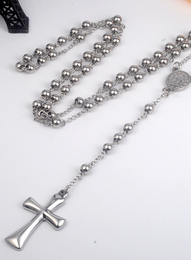 十饰纪个性十字架项链简约百搭男女潮流吊坠钛钢逆倒十字架圆珠子