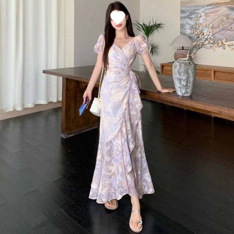 夏日法式印花一片式绑带连衣裙