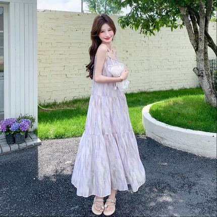 紫色连衣裙女夏新款系带收腰植物系印花度假风裙子