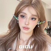 DIGU森系仙气绿色精灵耳耳夹女轻奢镶钻花朵水滴无耳洞耳骨夹耳饰