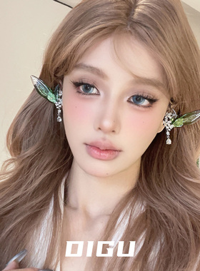 DIGU森系仙气绿色精灵耳耳夹女轻奢镶钻花朵水滴无耳洞耳骨夹耳饰